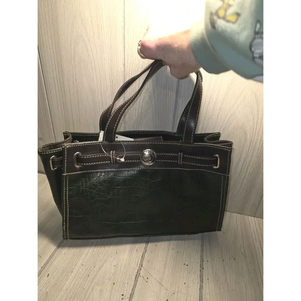 Madison & Max Green & Brown Crock Embossed Leather Hand Bag Y2K Style NWT Boho